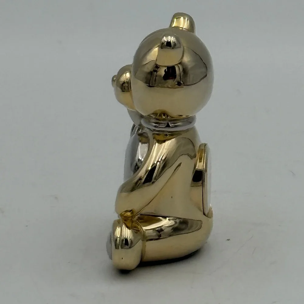 Elgin Teddy Bear Desk Clock Gold Silver Tone Heart Quartz Miniature Figurine